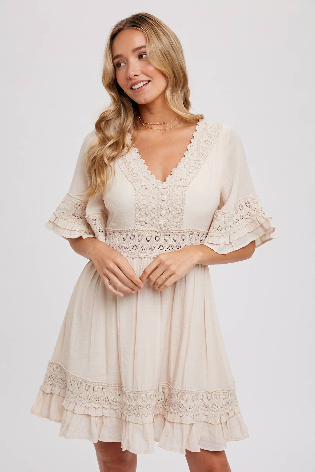 V-NECK LACE DRESS - Open Back with Tie Detail