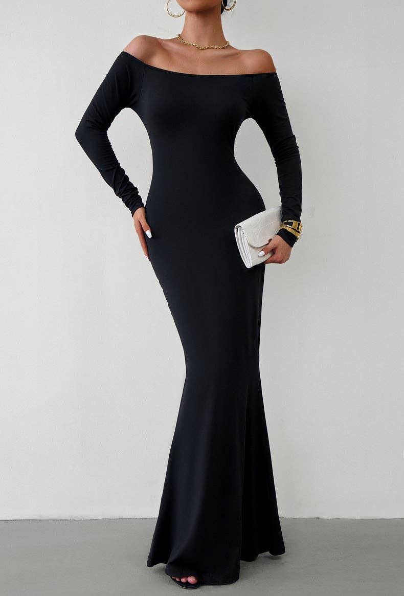 Long Sleeve Maxi Dress: Black / S Off Shoulder Solid Longline Lounge
