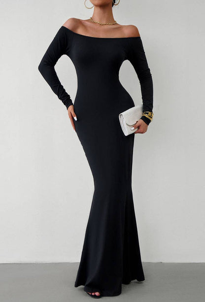 Long Sleeve Maxi Dress: Black / S Off Shoulder Solid Longline Lounge