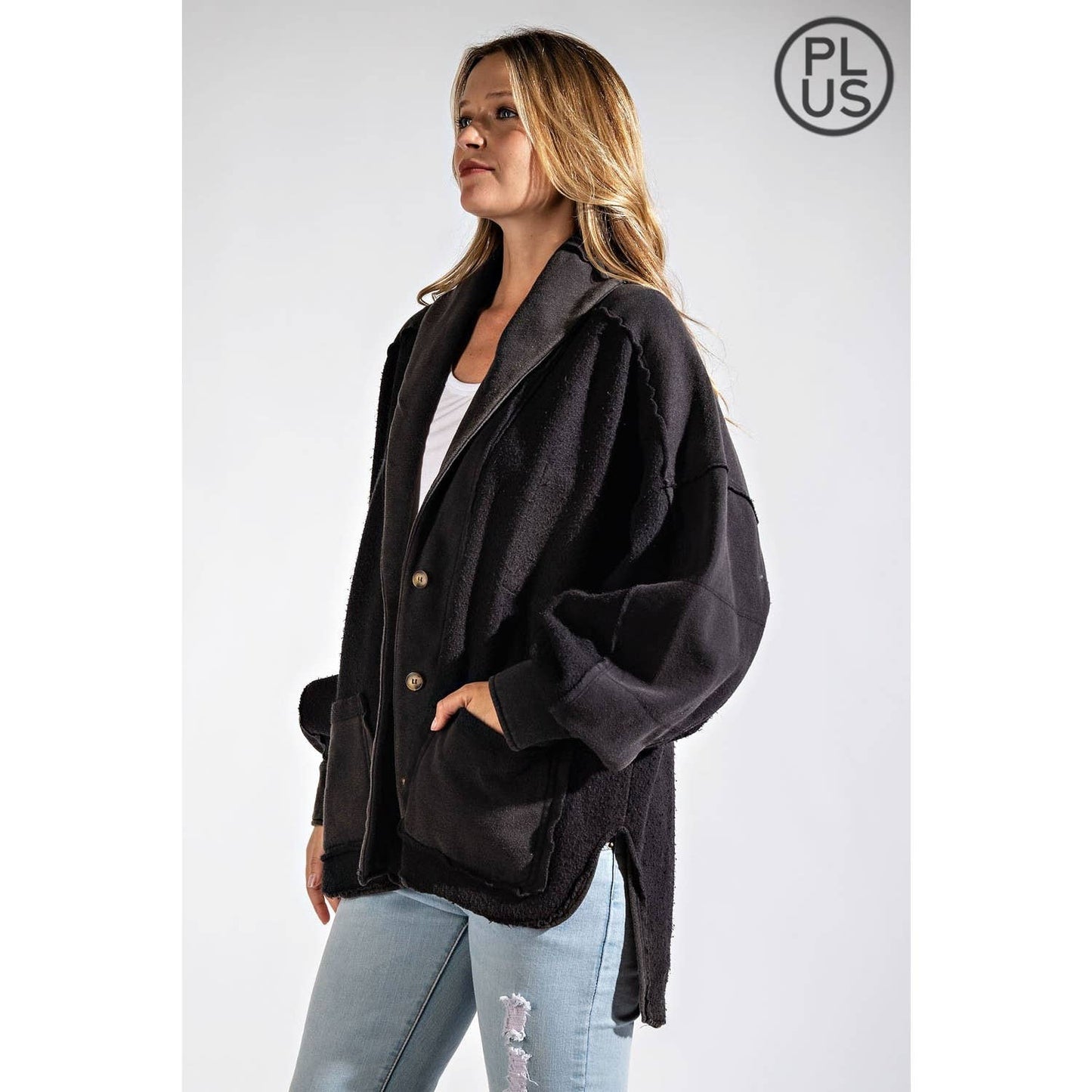 PLUS COTTON FRENCH TERRY MINERAL WASHED JACKET: Mocha / 3X