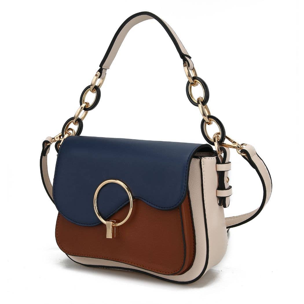 Fantasia Solid Crossbody Handbag Vegan Leather Women by Mia: Ivory-Cognac-Navy