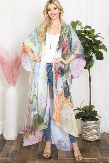 HDF3943 - TIE DYE ABSTRACT PRINT LONG KIMONO: PINK