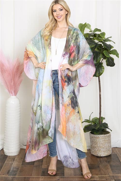 HDF3943 - TIE DYE ABSTRACT PRINT LONG KIMONO: TURQUOISE