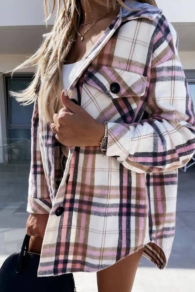 Plaid Single-breasted Detachable Hooded Shacket TOPW1575