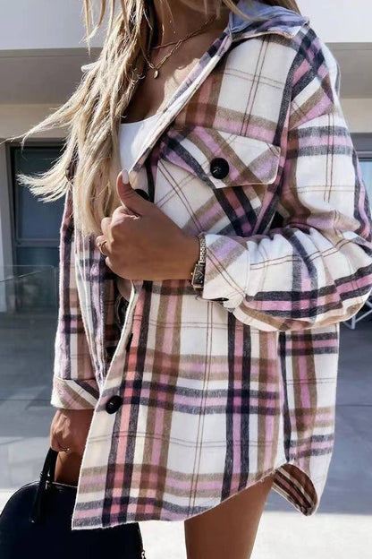 Plaid Single-breasted Detachable Hooded Shacket TOPW1575