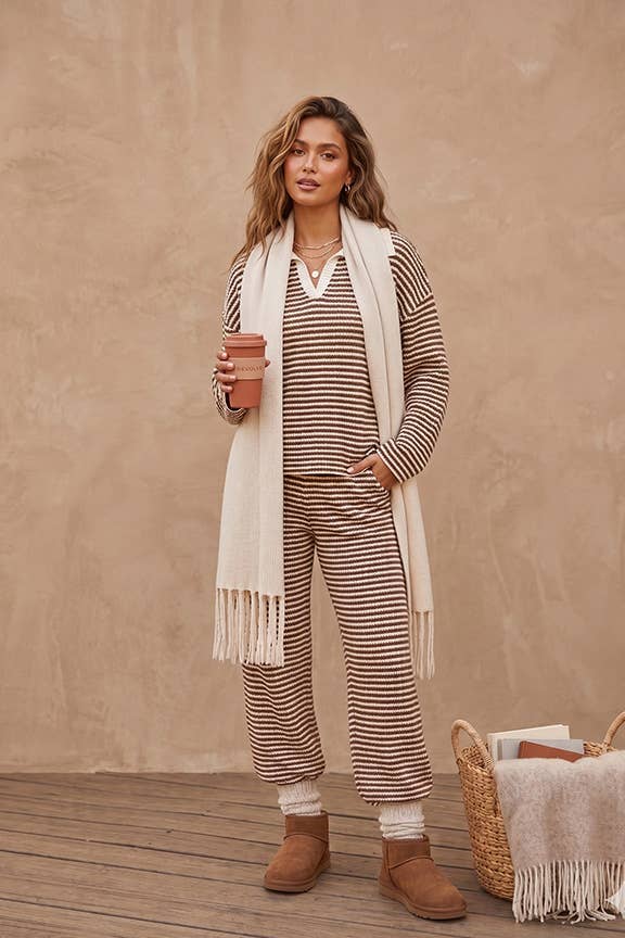 Striped Collared Knit Lounge Pant  Set