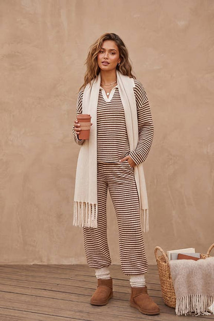 Striped Collared Knit Lounge Pant  Set