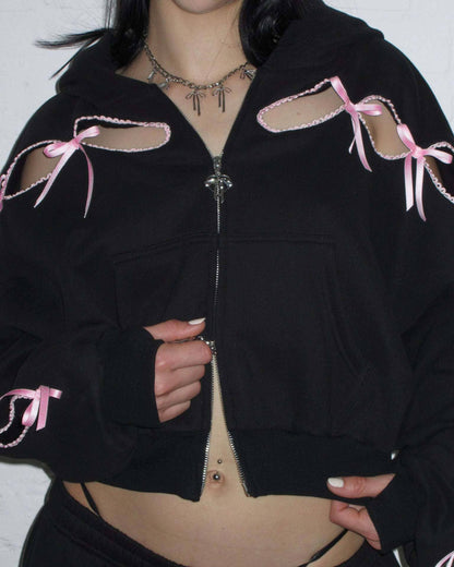 Black Solid color bow velvet casual hollow sweatshirt sports pants