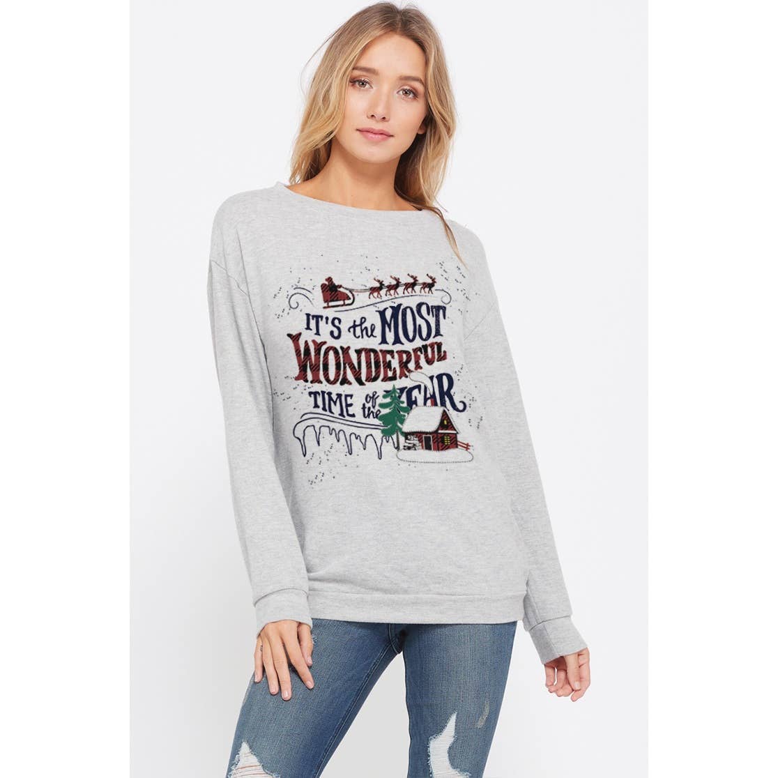 Christmas print long sleeve soft sweatshirt