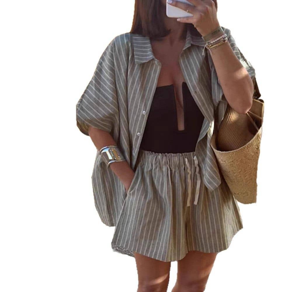 Summer Striped Shirt Pocket Shorts Loose Casual Set Women
