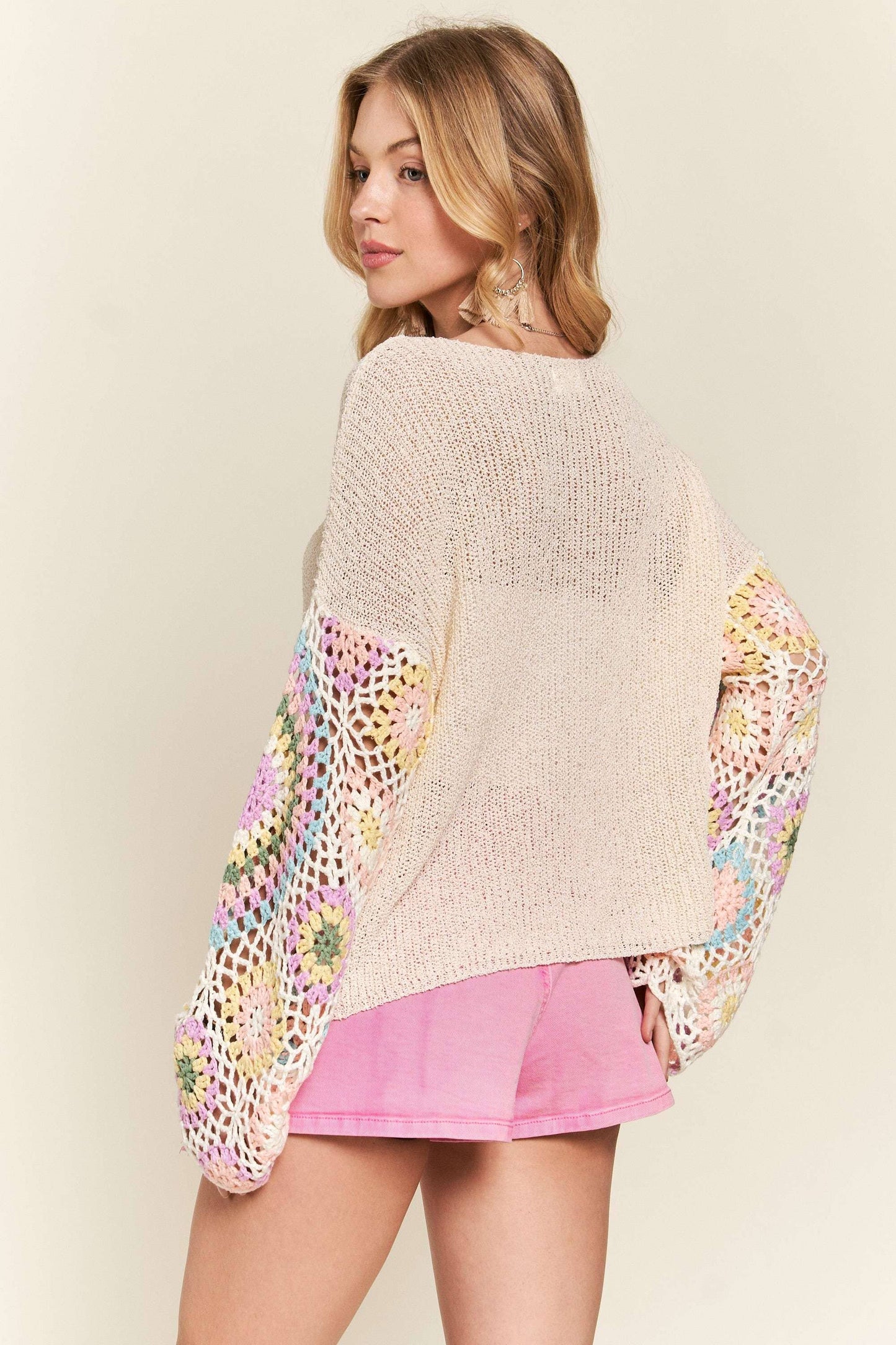 CESW3576 - MULTI COLOR CROCHET SLEEVE LOOSE TOP