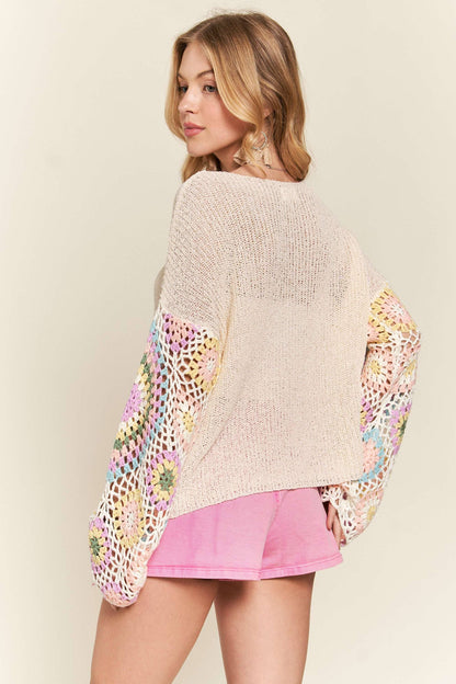 CESW3576 - MULTI COLOR CROCHET SLEEVE LOOSE TOP
