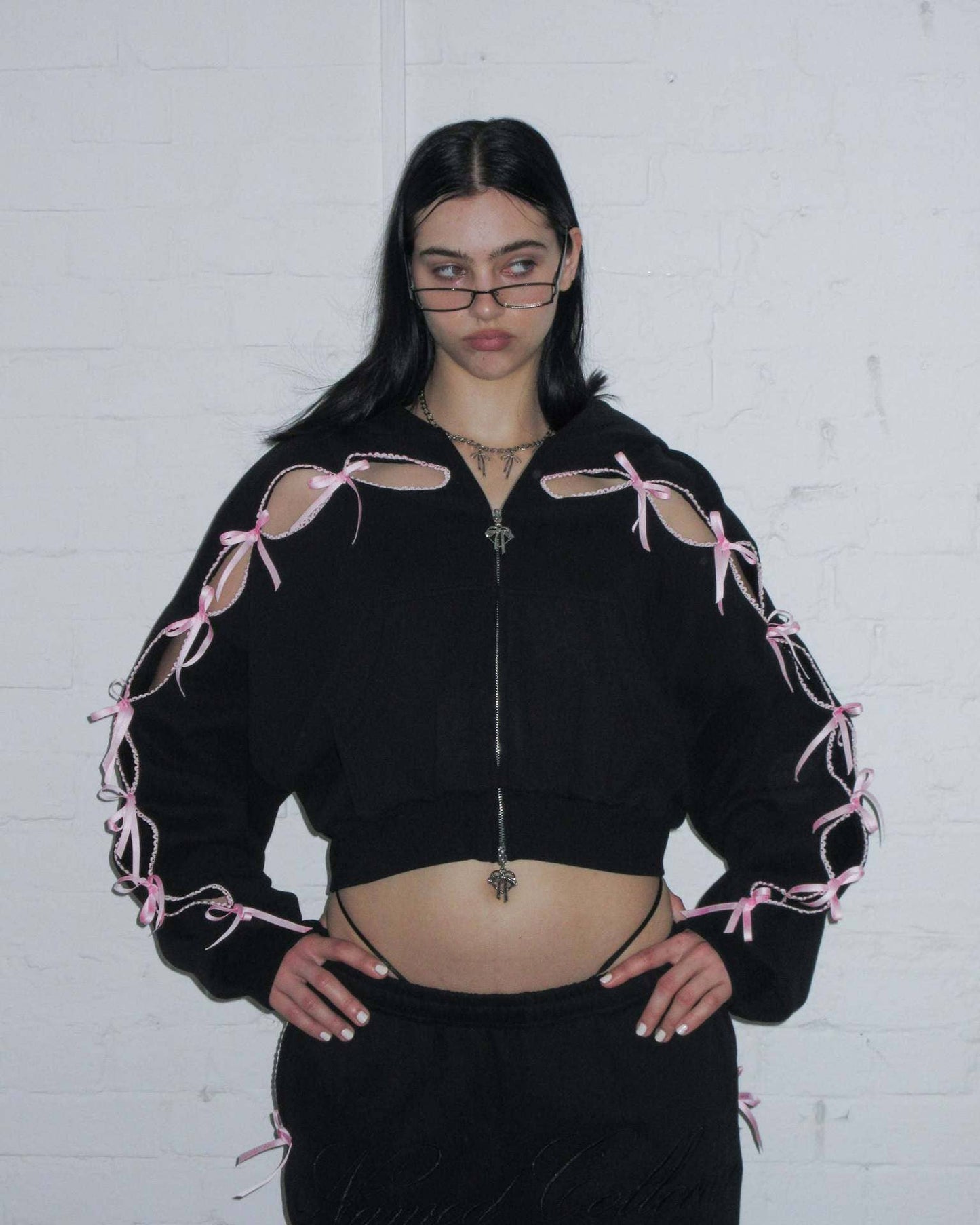 Black Solid color bow velvet casual hollow sweatshirt sports pants