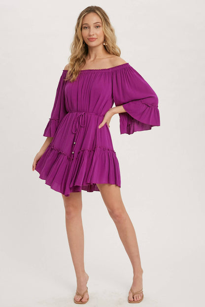 RUFFLED SOLID BOHO DRESS: ORCHID / S