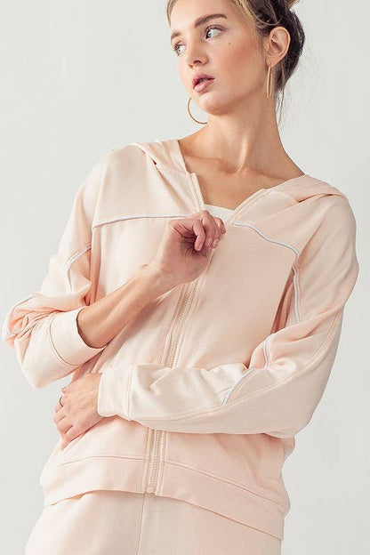 KJR11898 HOODED ZIP UP OUTER SEAM SWEATER: SURF SPRAY / S-2/M-2/L-2