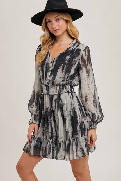 ANIMAL PRINT LONG SLEEVED V-NECK MINI DRESS