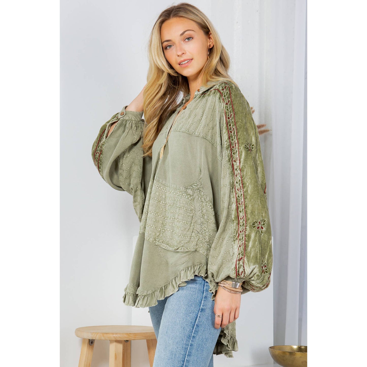 Bohemian Elegance: Stonewashed Rayon Bat Sleeve Top: Olive / (S-M-L-XL 1-2-2-1)