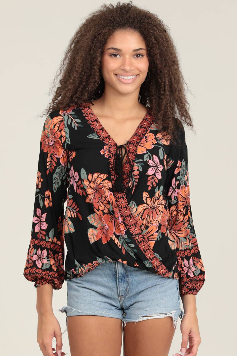 C2D66-A921 SURPLUS NECKLINE LONG SLEEVE PRINTED BLOUSE