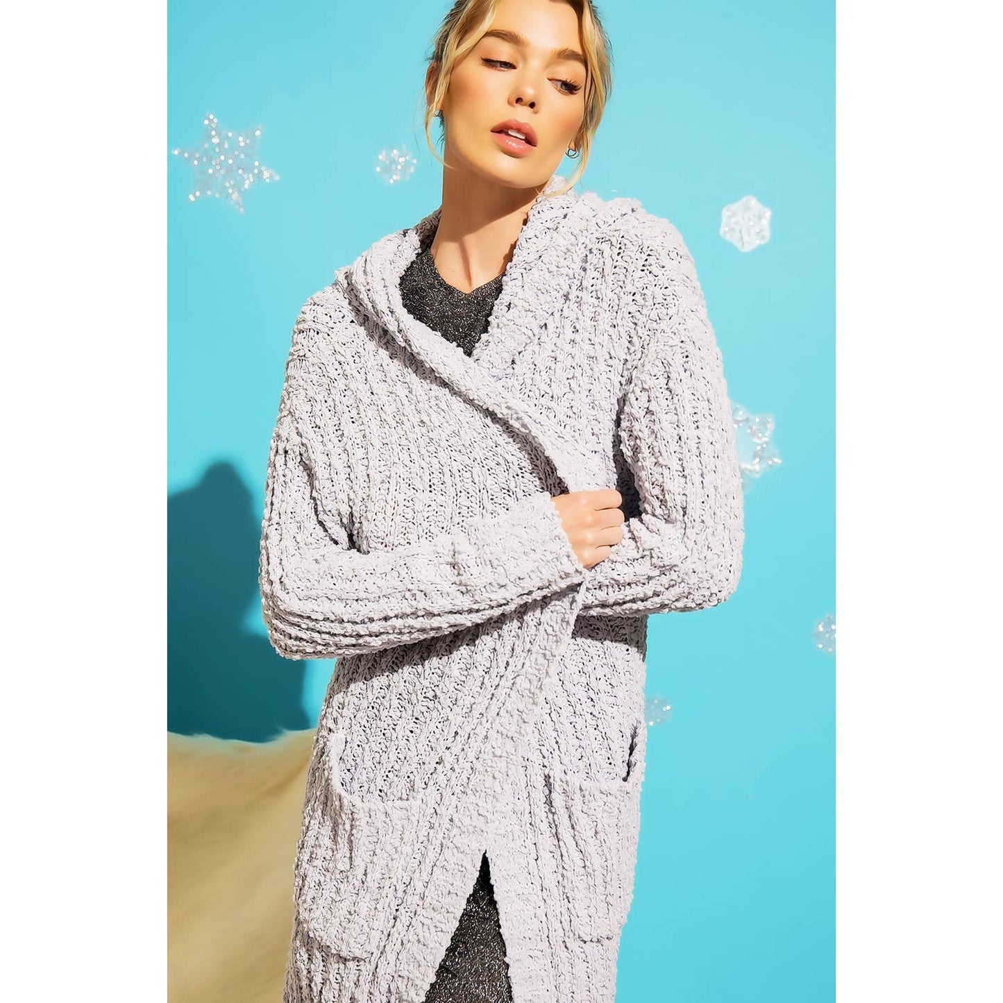 RIBBED POPCORN KNIT LONG OPEN HOODIE CARDIGAN: Adobe / ML