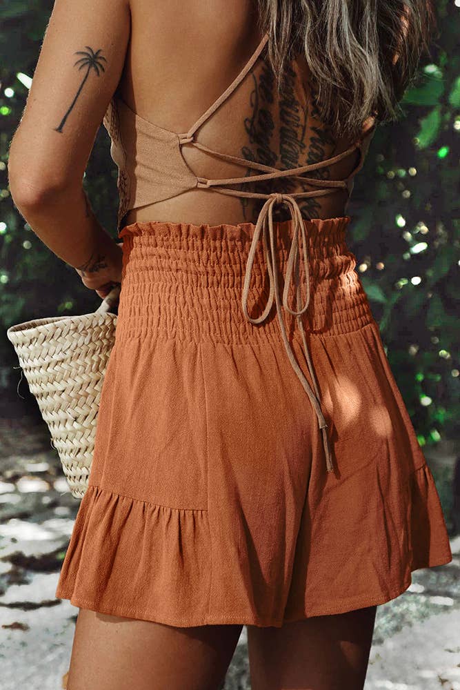 HIgh Waist Tie Knot Ruffle Shorts ZZKF774: Khaki / M