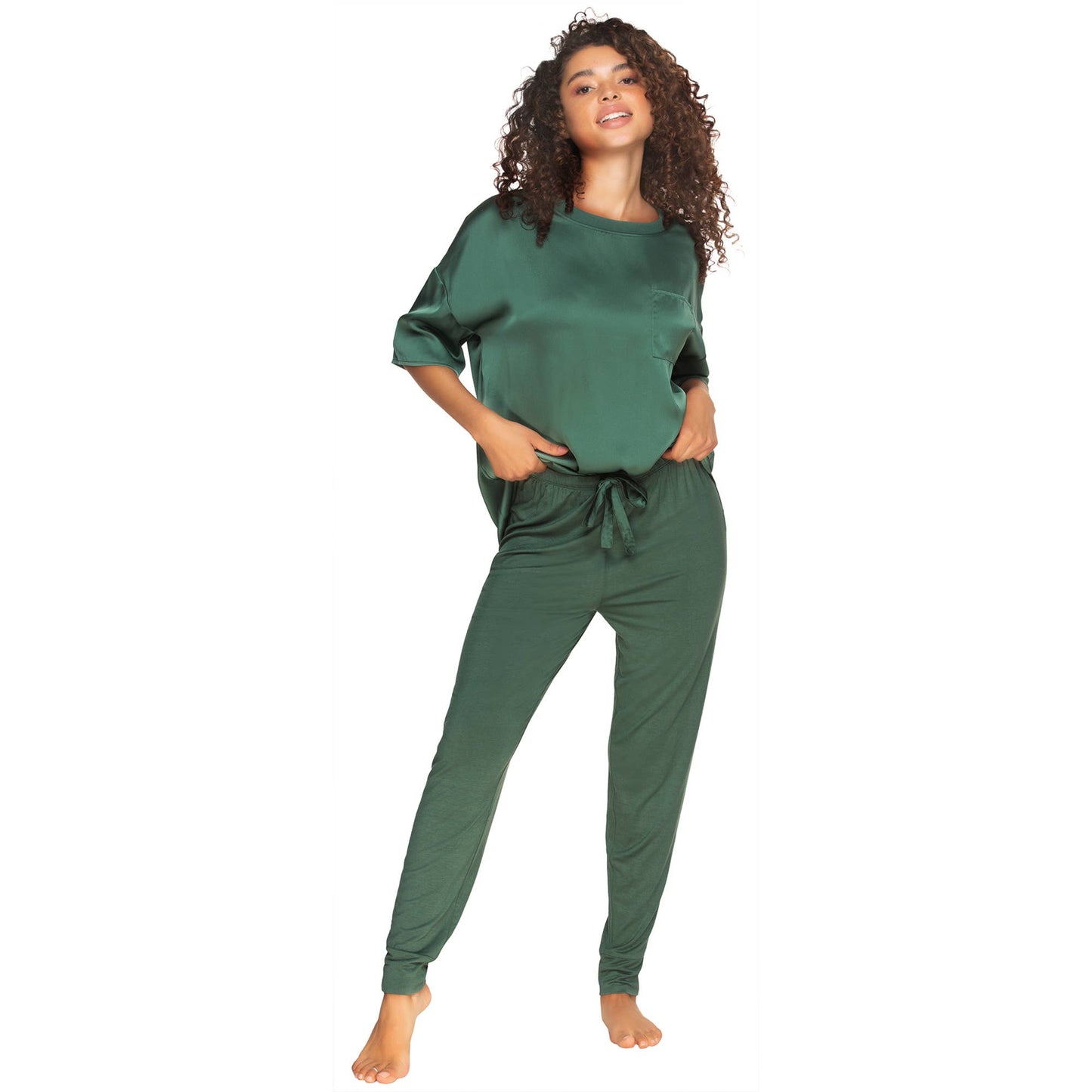 Elysees Satin Tee and Knit Jogger Set: Black (BLK) / XL