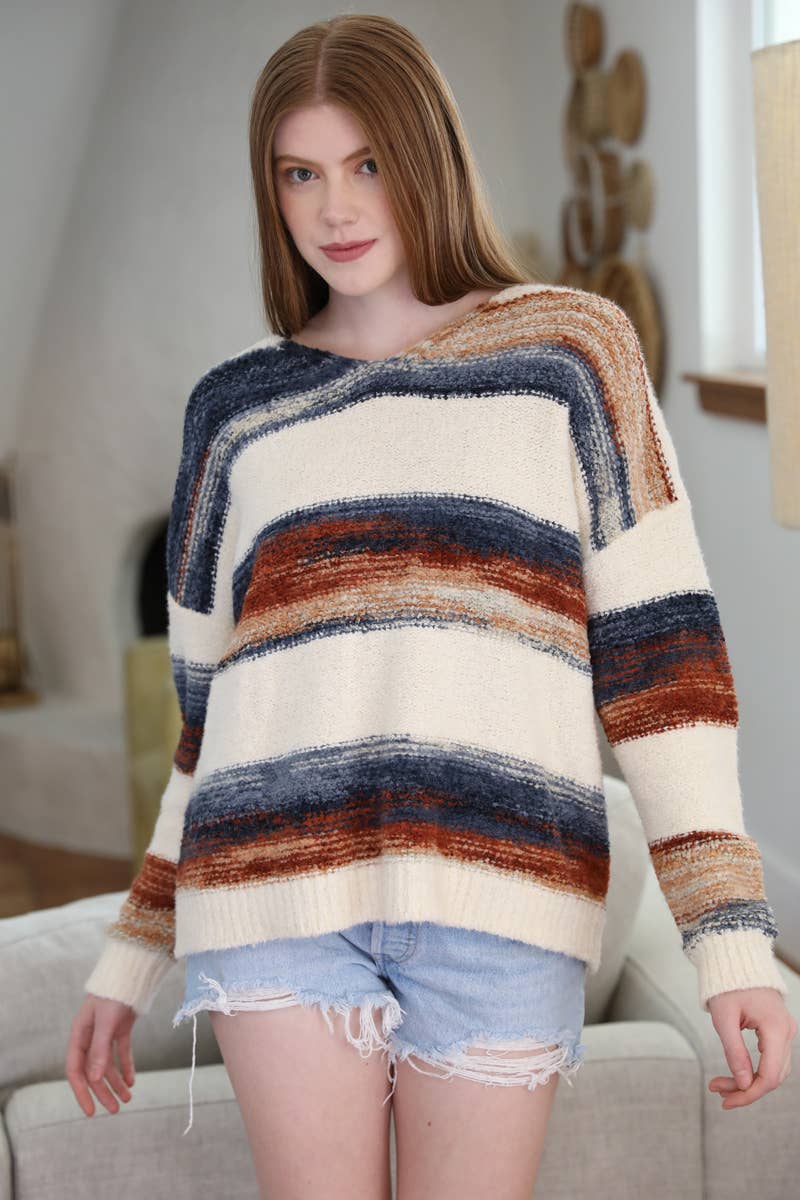 XHP97-ASIS V NECK FUZZY STRIPED PULLOVER SWEATER
