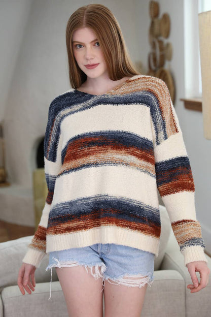 XHP97-ASIS V NECK FUZZY STRIPED PULLOVER SWEATER