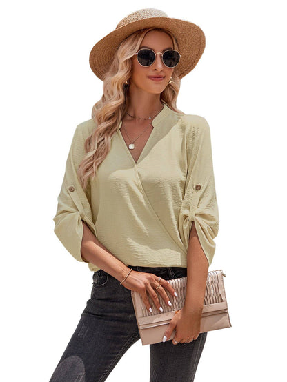 SN18 Sweetkama Ladies V-neck Hemming Daily Shirt: Green / M