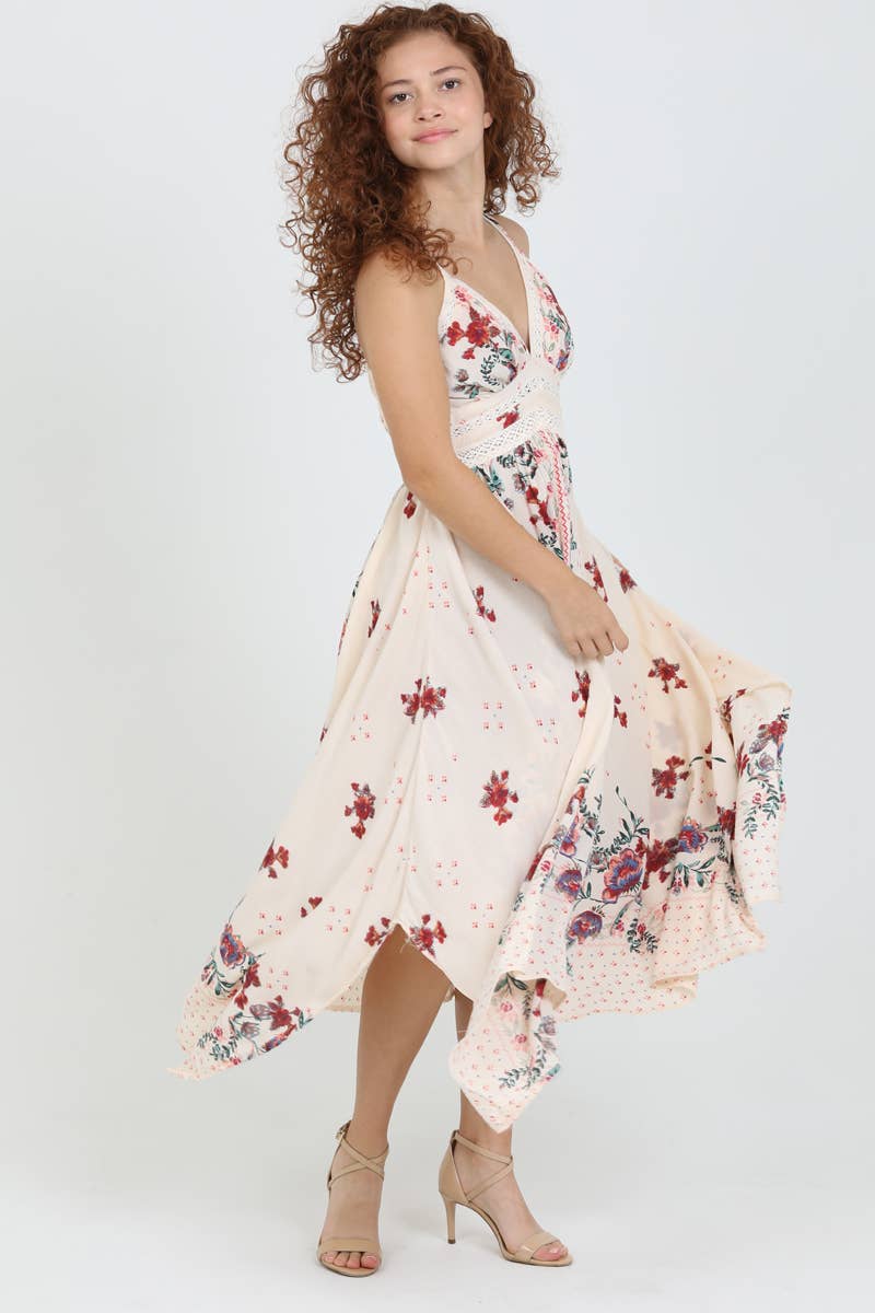 C4B17-A652 V NECK HANKY HEM MIDI DRESS WITH LACE WAIST