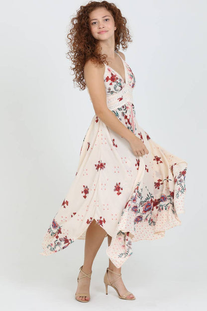 C4B17-A652 V NECK HANKY HEM MIDI DRESS WITH LACE WAIST