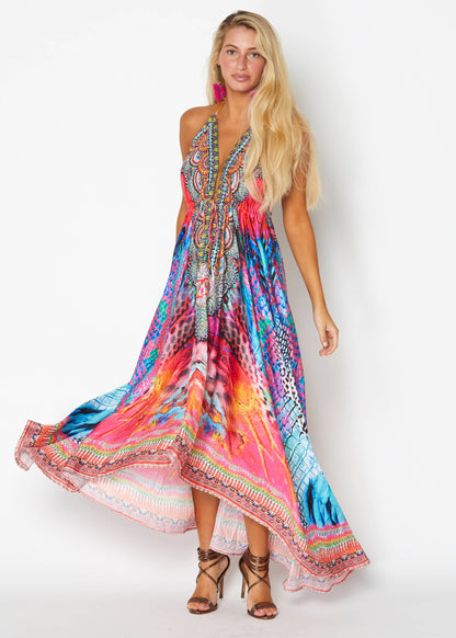 645 Multi color Hawaii Halter Dress