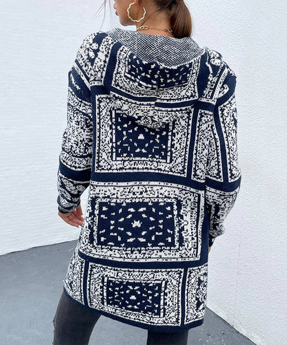 Navy blue floral pattern hooded cardigan with pockets: L