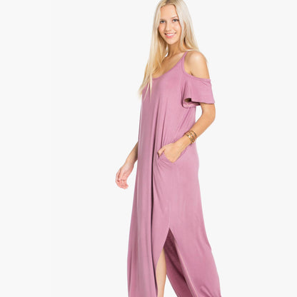 SD5050 Ruffled Cold-shoulder Maxi Dress: L / Navy