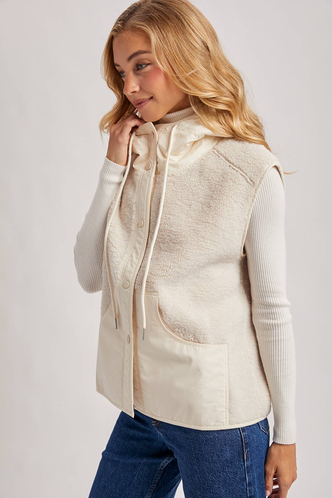 SHERPA FLEECE HOODED VEST WITH FAUX SUEDE INNER