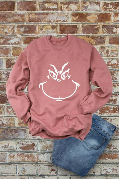 Grinch Face, Christmas, Unisex Crewneck Fleece Sweatshirts: Charcoal / L