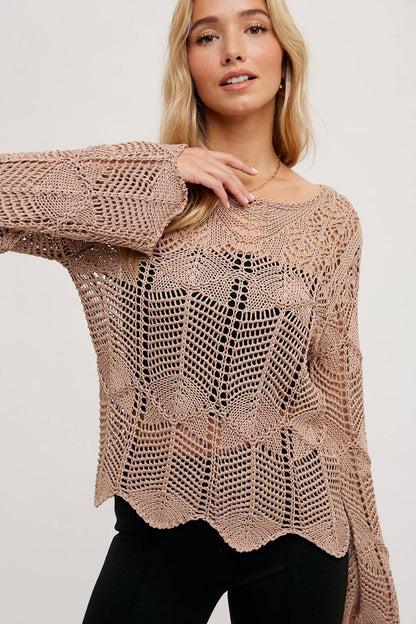 Open Knit Sweater Pullover - Scallop Hem: LATTE / S