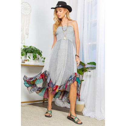Sun-Kissed Patchwork: Smocked Bliss Boho Mid-Length Dress 