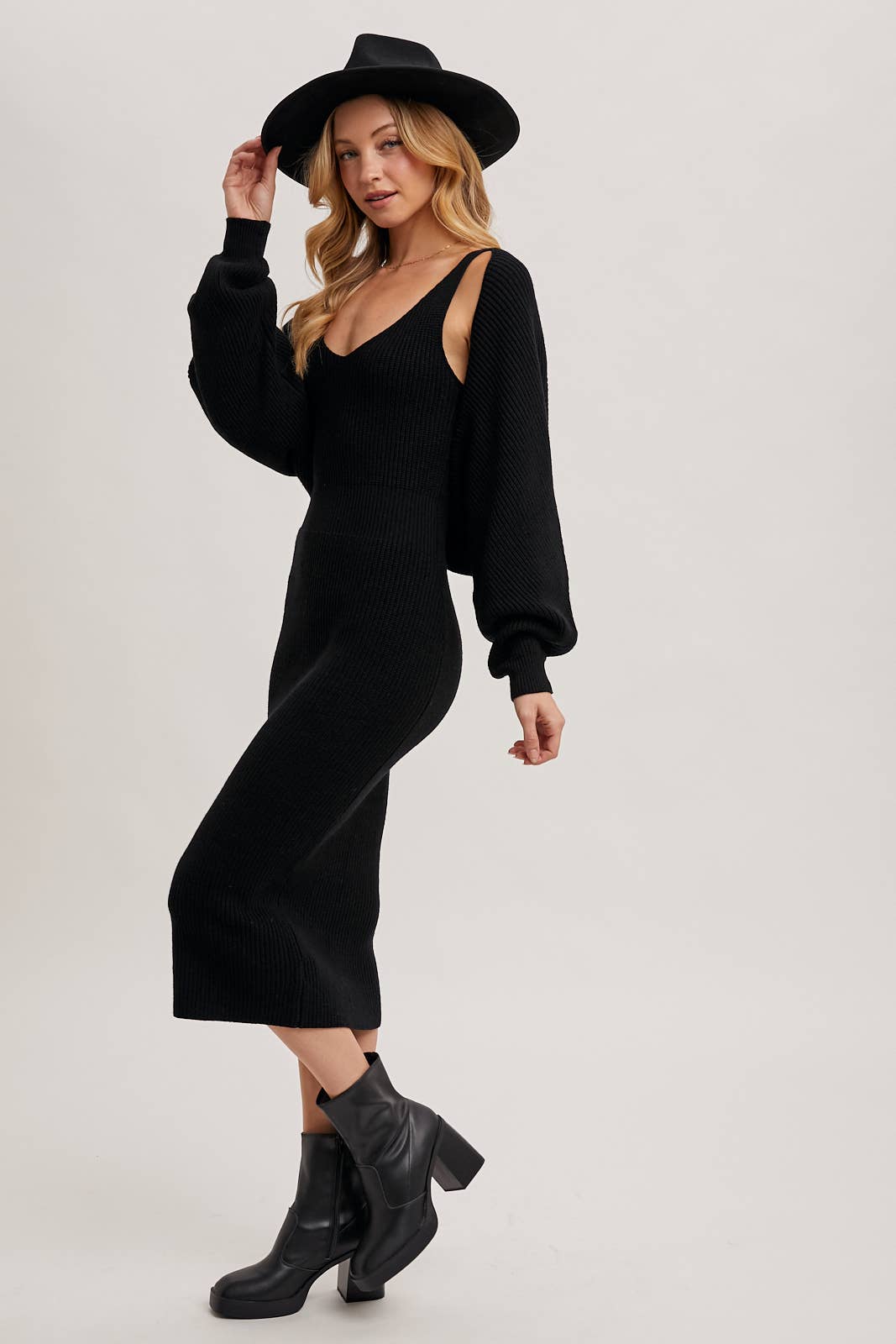 V-NECK KNIT MIDI DRESS AND KNIT SHRUG SET