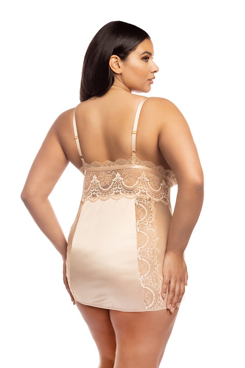 LAURA LACE/SATIN CHEMISE: Frosted Almond / Small