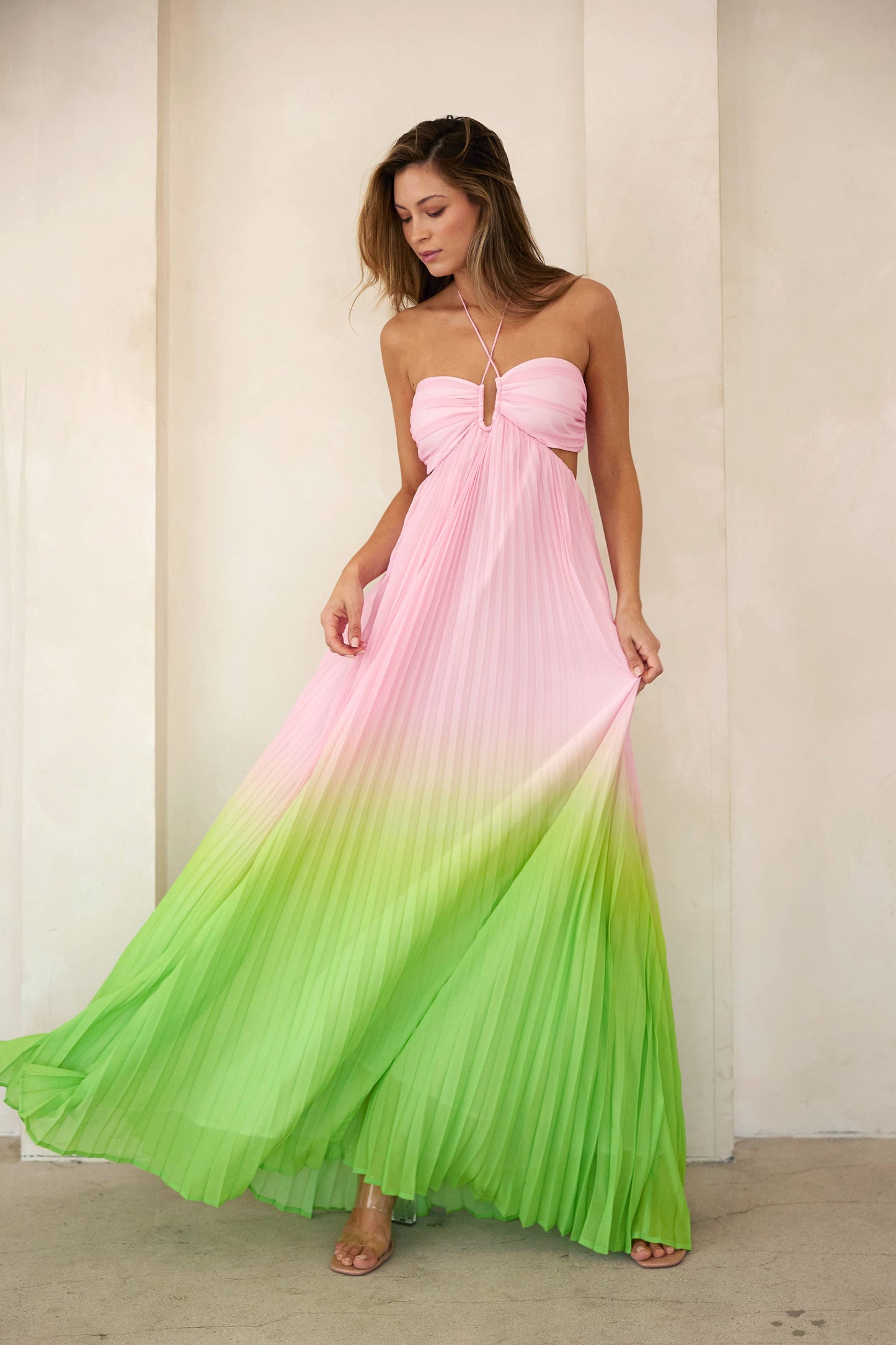 LD1065 Sweetheart neck pleated maxi halter dress: Pink/Lime / Contemporary / L