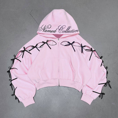 Black Solid color bow velvet casual hollow sweatshirt sports pants