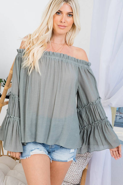 OFF SHOULDER TIERED BELL SLEEVE TOP: EARL GREY / S