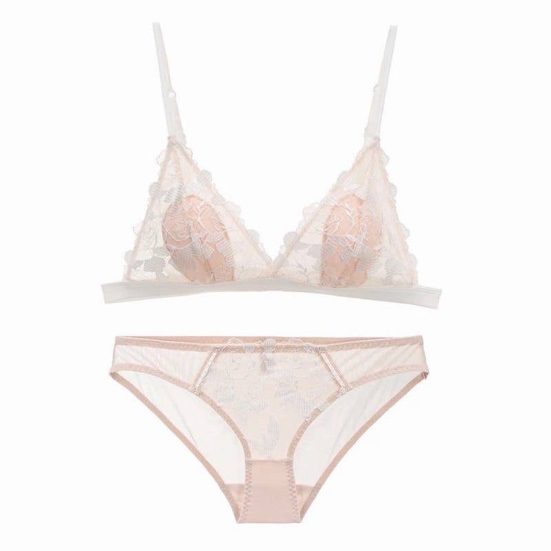 Rose Embroidered Lace Cotton Bra Set