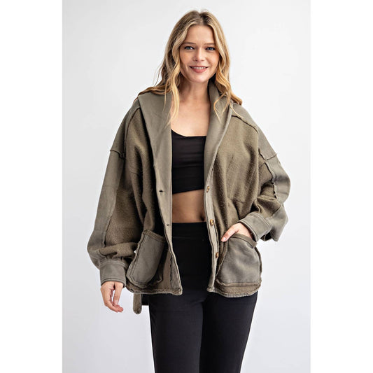 COTTON FRENCH TERRY MINERAL WASHED JACKET: Olive / L