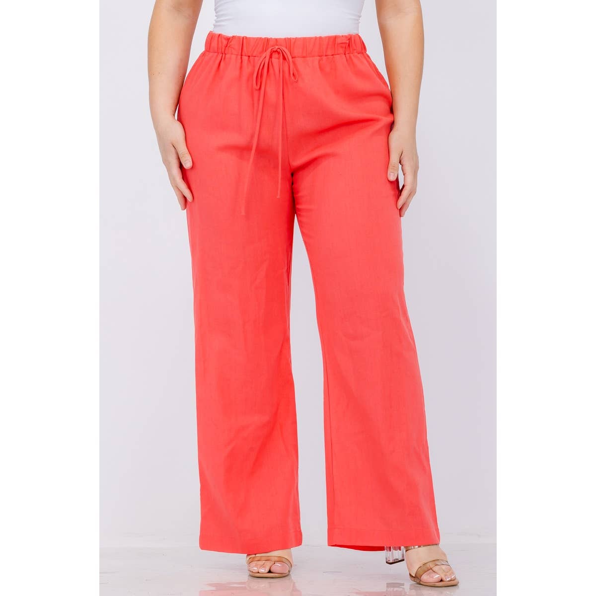 PLUS SIZE LINEN ELASTIC WAIST WIDE LEG PANTS: Black / 1X