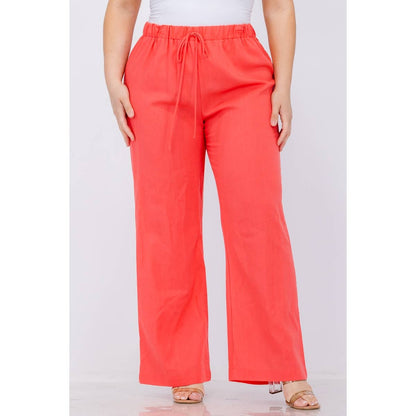 PLUS SIZE LINEN ELASTIC WAIST WIDE LEG PANTS: Black / 3X