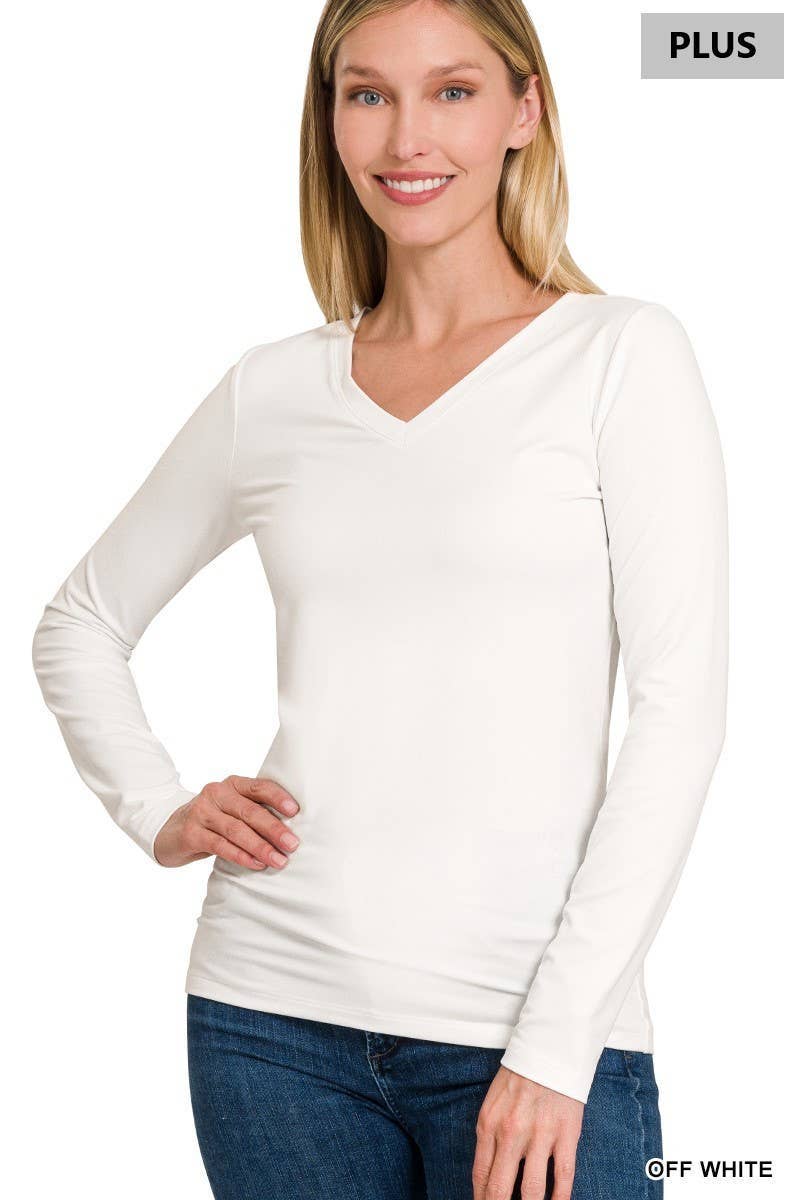 Plus Size Brushed Microfiber Long Sleeve V-neck Tee
