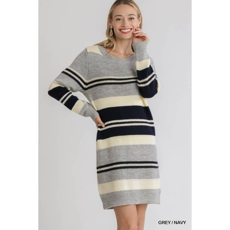 Multi Stripe Long Sleeve Knit Sweater Dress: Grey Navy / M