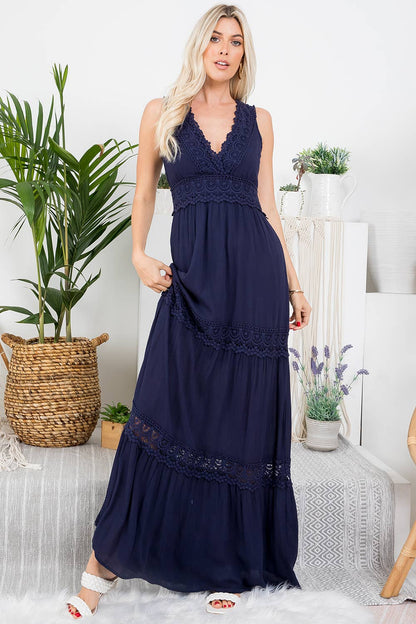 CROCHET LACE WOVEN MAXI DRESS: L / NAVY