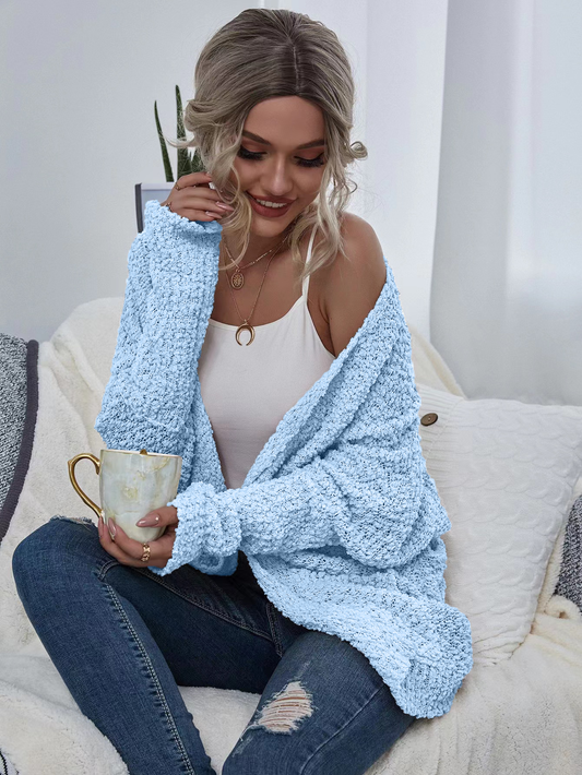Sky Blue Chunky Knit Open Cardigan w/ Pockets: S